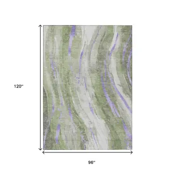 8' X 10' Olive Green Lavender And Ivory Abstract Washable Indoor Outdoor Area Rug