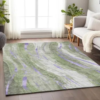 8' X 10' Olive Green Lavender And Ivory Abstract Washable Indoor Outdoor Area Rug