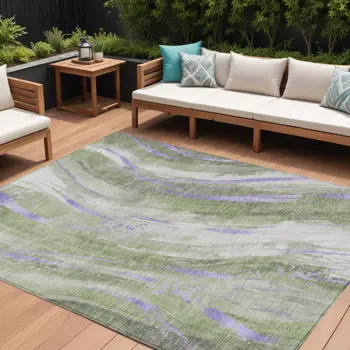 9' X 12' Olive Green Lavender And Ivory Abstract Washable Indoor Outdoor Area Rug