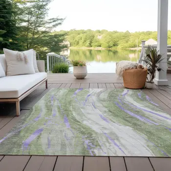 9' X 12' Olive Green Lavender And Ivory Abstract Washable Indoor Outdoor Area Rug