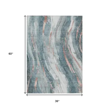 3' X 5' Teal Blue Salmon And Ivory Abstract Washable Indoor Outdoor Area Rug