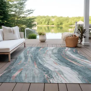 3' X 5' Teal Blue Salmon And Ivory Abstract Washable Indoor Outdoor Area Rug