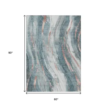 5' X 8' Teal Blue Salmon And Ivory Abstract Washable Indoor Outdoor Area Rug