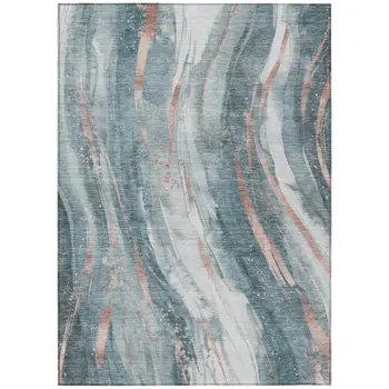 5' X 8' Teal Blue Salmon And Ivory Abstract Washable Indoor Outdoor Area Rug