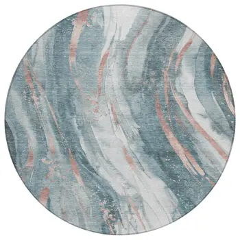 8' Teal Blue Salmon And Ivory Round Abstract Washable Indoor Outdoor Area Rug
