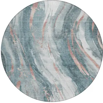 8' Teal Blue Salmon And Ivory Round Abstract Washable Indoor Outdoor Area Rug