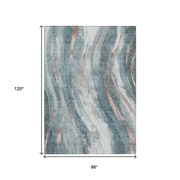 8' X 10' Teal Blue Salmon And Ivory Abstract Washable Indoor Outdoor Area Rug