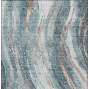 9' X 12' Teal Blue Salmon And Ivory Abstract Washable Indoor Outdoor Area Rug