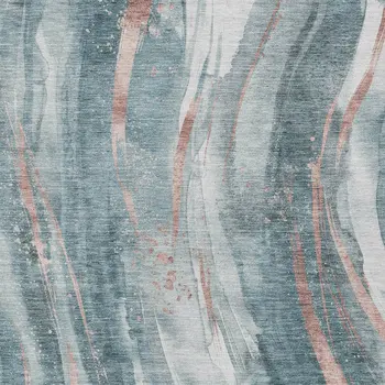 9' X 12' Teal Blue Salmon And Ivory Abstract Washable Indoor Outdoor Area Rug