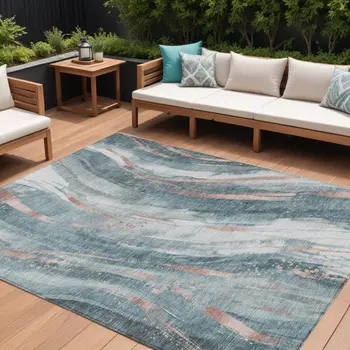 10' X 14' Teal Blue Salmon And Ivory Abstract Washable Indoor Outdoor Area Rug