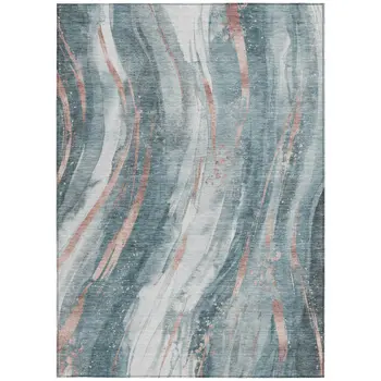 10' X 14' Teal Blue Salmon And Ivory Abstract Washable Indoor Outdoor Area Rug