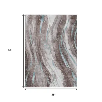 3' X 5' Taupe Sky Blue And Ivory Abstract Washable Indoor Outdoor Area Rug