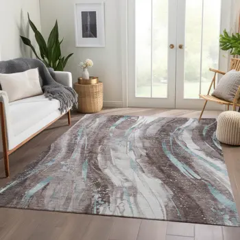 3' X 5' Taupe Sky Blue And Ivory Abstract Washable Indoor Outdoor Area Rug