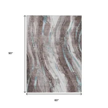 5' X 8' Taupe Sky Blue And Ivory Abstract Washable Indoor Outdoor Area Rug