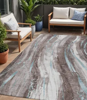 5' X 8' Taupe Sky Blue And Ivory Abstract Washable Indoor Outdoor Area Rug