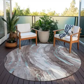 8' Taupe Sky Blue And Ivory Round Abstract Washable Indoor Outdoor Area Rug