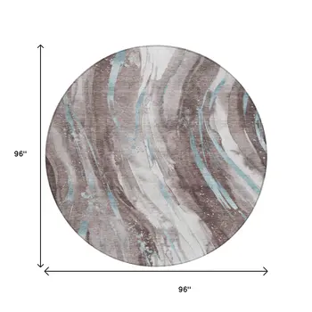 8' Taupe Sky Blue And Ivory Round Abstract Washable Indoor Outdoor Area Rug
