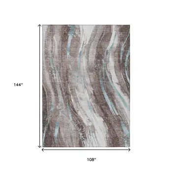 9' X 12' Taupe Sky Blue And Ivory Abstract Washable Indoor Outdoor Area Rug