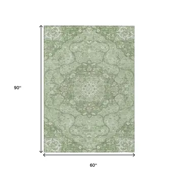 5' X 8' Artichoke Green And Ivory Medallion Washable Indoor Outdoor Area Rug