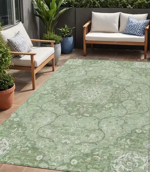 5' X 8' Artichoke Green And Ivory Medallion Washable Indoor Outdoor Area Rug