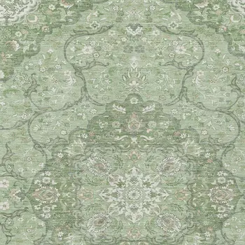 5' X 8' Artichoke Green And Ivory Medallion Washable Indoor Outdoor Area Rug