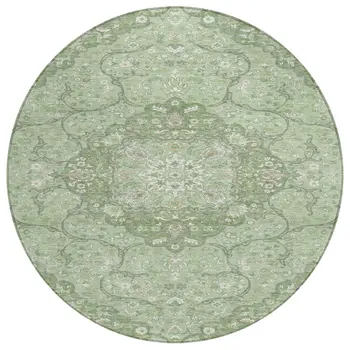 8' Artichoke Green And Ivory Round Medallion Washable Indoor Outdoor Area Rug