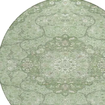 8' Artichoke Green And Ivory Round Medallion Washable Indoor Outdoor Area Rug
