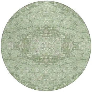 8' Artichoke Green And Ivory Round Medallion Washable Indoor Outdoor Area Rug