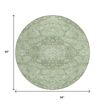 8' Artichoke Green And Ivory Round Medallion Washable Indoor Outdoor Area Rug