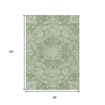 8' X 10' Artichoke Green And Ivory Medallion Washable Indoor Outdoor Area Rug