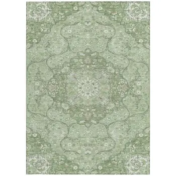 9' X 12' Artichoke Green And Ivory Medallion Washable Indoor Outdoor Area Rug