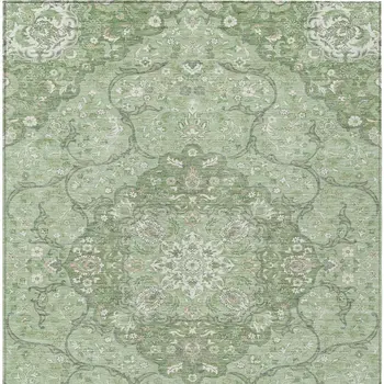 9' X 12' Artichoke Green And Ivory Medallion Washable Indoor Outdoor Area Rug