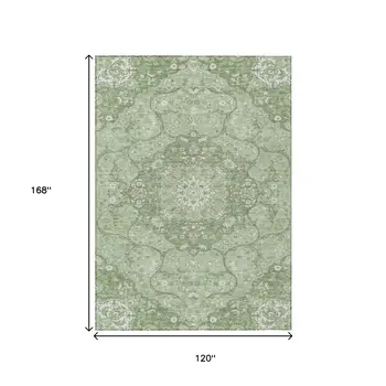 10' X 14' Artichoke Green And Ivory Medallion Washable Indoor Outdoor Area Rug