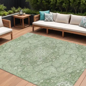 10' X 14' Artichoke Green And Ivory Medallion Washable Indoor Outdoor Area Rug