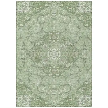 10' X 14' Artichoke Green And Ivory Medallion Washable Indoor Outdoor Area Rug