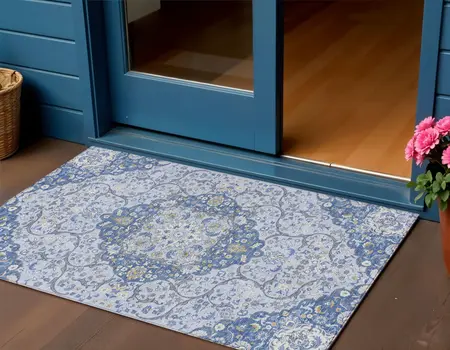 3' X 5' Blue And Ivory Medallion Washable Indoor Outdoor Area Rug