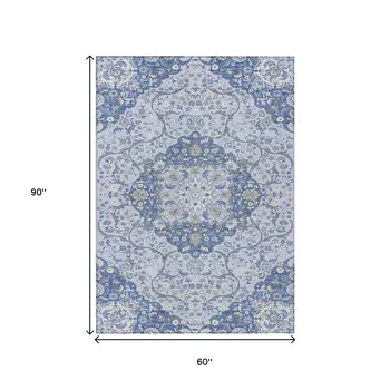 5' X 8' Blue And Ivory Medallion Washable Indoor Outdoor Area Rug