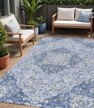 5' X 8' Blue And Ivory Medallion Washable Indoor Outdoor Area Rug