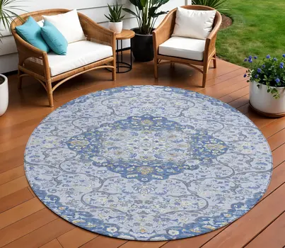 8' Blue And Ivory Round Medallion Washable Indoor Outdoor Area Rug