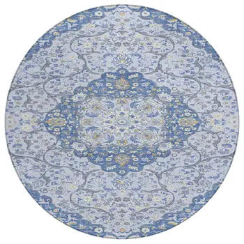 8' Blue And Ivory Round Medallion Washable Indoor Outdoor Area Rug