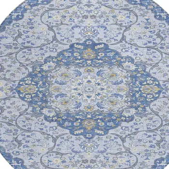 8' Blue And Ivory Round Medallion Washable Indoor Outdoor Area Rug