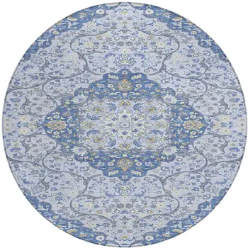 8' Blue And Ivory Round Medallion Washable Indoor Outdoor Area Rug
