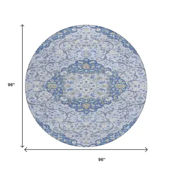 8' Blue And Ivory Round Medallion Washable Indoor Outdoor Area Rug