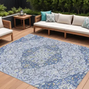 8' X 10' Blue And Ivory Medallion Washable Indoor Outdoor Area Rug