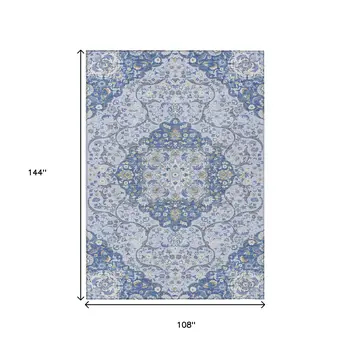 9' X 12' Blue And Ivory Medallion Washable Indoor Outdoor Area Rug