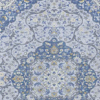 9' X 12' Blue And Ivory Medallion Washable Indoor Outdoor Area Rug