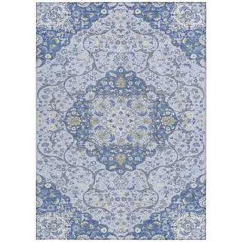 10' X 14' Blue And Ivory Medallion Washable Indoor Outdoor Area Rug