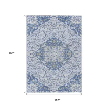 10' X 14' Blue And Ivory Medallion Washable Indoor Outdoor Area Rug
