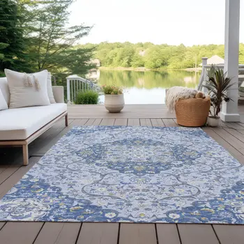 10' X 14' Blue And Ivory Medallion Washable Indoor Outdoor Area Rug