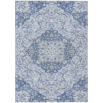 10' X 14' Blue And Ivory Medallion Washable Indoor Outdoor Area Rug
